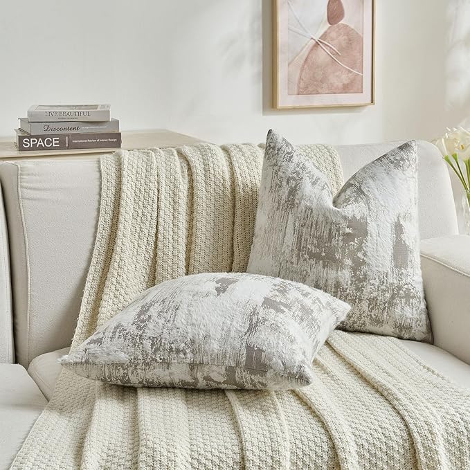 FUTEI Grey White Decorative Throw Pillow Covers 12x20 Inch Set of 2,Soft Faux Cashmere Jacquard - Textured & Cozy Pillow Case,Modern Home Decor for Couch Bed Living Room