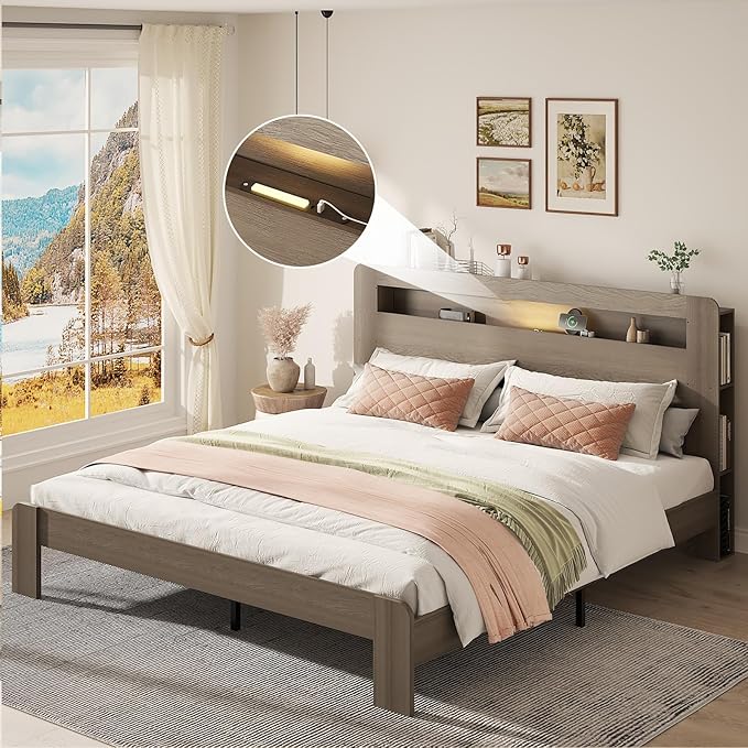 Wooden Bed Frame King Size with Storage Headboard - Farmhouse Platform Bed Frame with Bookcase Shelf & Led Lights, Sturdy Wood Slat Framework Bed Frame (Light Brown LED)