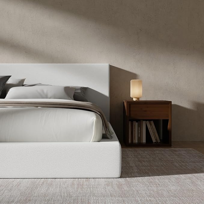 RECCI Cloud Upholstered Full Bed Frame with Headboard, 5 Inch Foam Padded Platform, No Box Spring, Easy Assembly (Off-White)