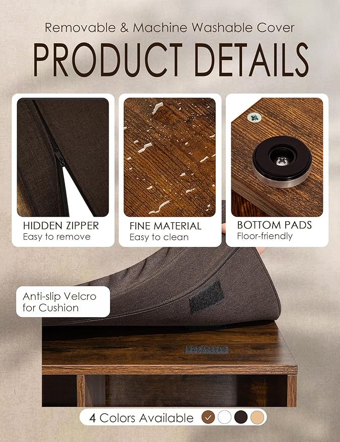 DINZI LVJ Shoe Storage Bench with Cushion, 15-Cubby Rack, Adjustable Shelves, Long Organizer Bench for Entryway, Mudroom, Hallway, Living Room, Bedroom and Garage, Rustic Brown