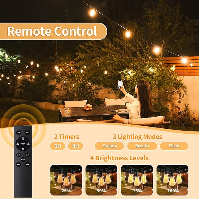 50ft LED String Lights with Remote, 25+1 Bulbs Dimmable String Lights for Outside, ST38 Patio Lights Outdoor Waterproof, Decorative Hanging Lights for Deck, Garden, Backyard