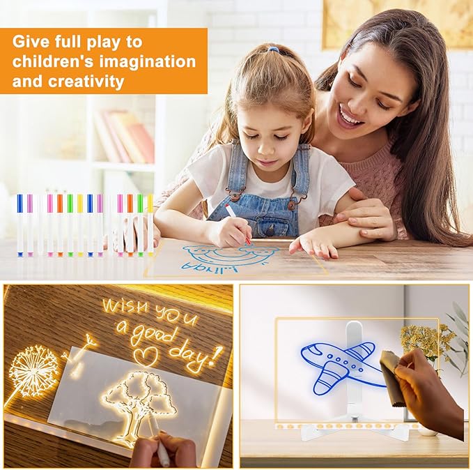 Led Note Board with Colors, 11.8 X 7.9” Acrylic Dry Erase Board with Light, Light Up Dry Erase Board with Adjustable Stand, Led Board White Board with 14 Pen for Office School Home