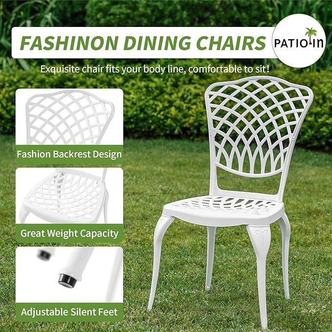 3 Piece Outdoor Bistro Set, Cast Aluminum Outdoor Bistro Table and Chairs Set of 2, Rust-Resistant Patio Furniture Set, White Bistro Set 3 Piece Outdoor for Garden, Backyard, Balcony