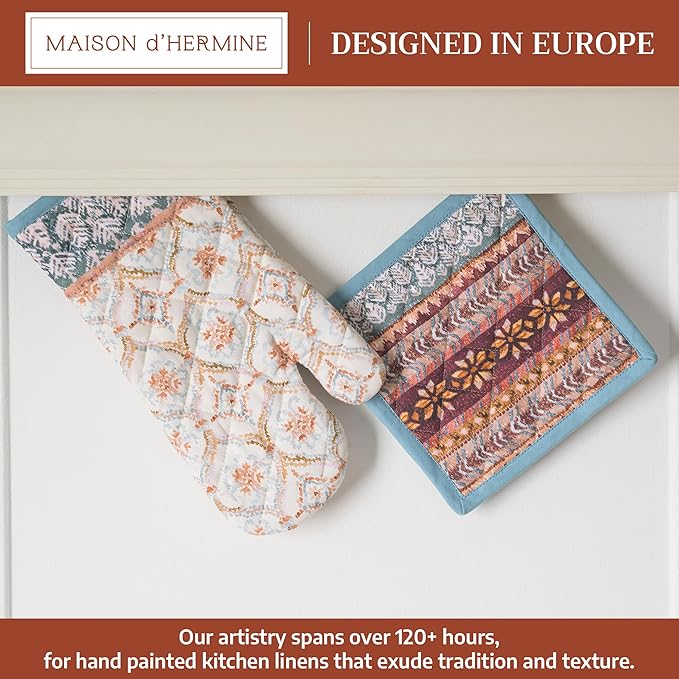 Maison d' Hermine 100% Cotton Oven Mitt & Pot Holder Set (7.5"x13" & 8"x8") Heat Resistant BBQ Cooking Gloves with Loop for Thanksgiving Christmas Decorations Handling Hot Pans (Fair Isle)