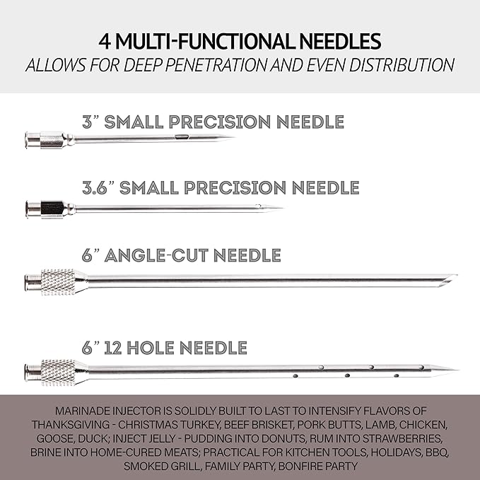 Meat Injector Marinade Gun Stainless Steel Outdoor Kit Flavor Food Syringes & 4 Marinades Needles for BBQ Grill Smoker Injectors Professional Syringe Held Culinary Barbecue Tool
