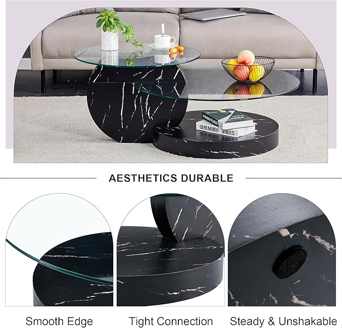 Coffee Tables for Living Room - Round Glass Coffee Table with Wooden Base Mid-Century Modern End Table 3-Tier Round Coffee Table for Living Room, Office, Balcony (42″ Black)