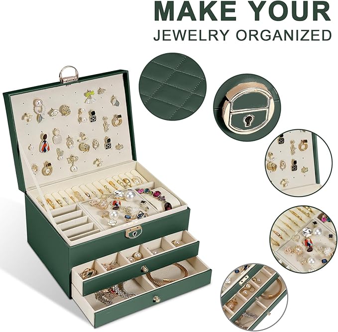 3-Layer Jewelry Box for Women, Jewelry Organizers and Storage with Removable Jewelry Tray, Vintage Quilted Top Lockable Jewelry Holder Gift Idea Dark Green