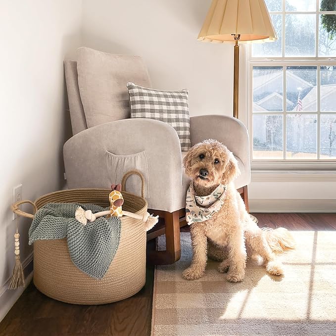 Goodpick Large Wicker Laundry Basket Jute Woven Basket for Clothes, Shoes, Towels, Decorative Storage Basket in Living Room, Bathroom, Entryway, Round Toy Basket 17.7 x 12.6 Inches, Jute