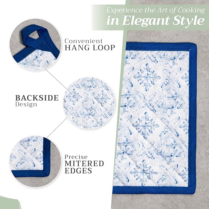 Maison d' Hermine 100% Cotton Oven Mitt & Pot Holder Set (7.5"x13" & 8"x8") Heat Resistant BBQ Cooking Gloves with Loop, Baking, Grilling, Kitchen, Handling Hot Pans Spring/Summer (Citrus)