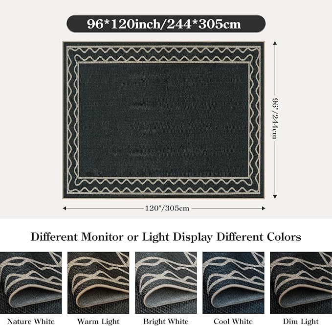 OJIA Easy Jute Washable Rugs 8x10, Large Outdoor Patio Rug Washable Living Room Rug Farmhouse Indoor Outdoor Carpet Wavy Border Modern Non-Slip Black Rugs for Bedroom Backyard Deck Decor