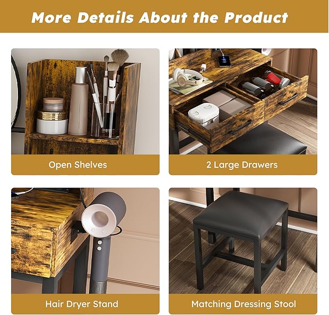 Ball & Cast Vanity Desk with Mirror & Power Outlet,3 Dimmable Colors Light Small Makeup Vanity Table Set with 2 Large Drawers & Chair,Adjustable Brightness Dressing Table for Women Girls Bedroom