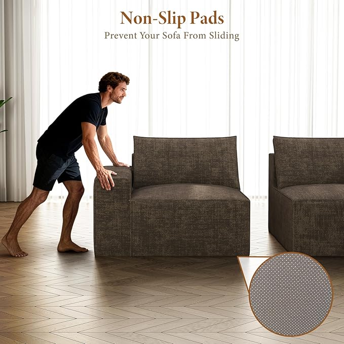 Vesgantti 114" Boneless Modular Sectional Sofa, Modern 3 Seater Couch with Ottoman & Deep Seat, Convertible Chenille L Shaped Cloud Couches for Living Room, No Assembly Required, Dark Brown