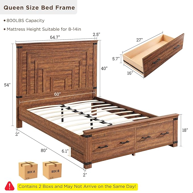 RedLemon Farmhouse Queen Size Bed Frame w/ 54" Tall Geometric Headboard, Rustic Wood Platform Bed w/ 2 Large Storage Drawers, Wood Slats Support, Noise Free, No Box Spring Needed, Reclaimed Barnwood