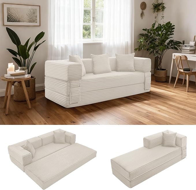 Sectional Boneless Couch Convertible Sofa Bed, 78'' Modular Sectional Sleeper Sofa with Removable Armrests & 3 Pillows, Small Floor Couch No Assembly Needed for Living Room, Office, Bedroom, Beige