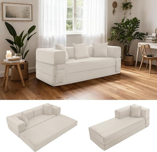 Sectional Boneless Couch Convertible Sofa Bed, 78'' Modular Sectional Sleeper Sofa with Removable Armrests & 3 Pillows, Small Floor Couch No Assembly Needed for Living Room, Office, Bedroom, Beige