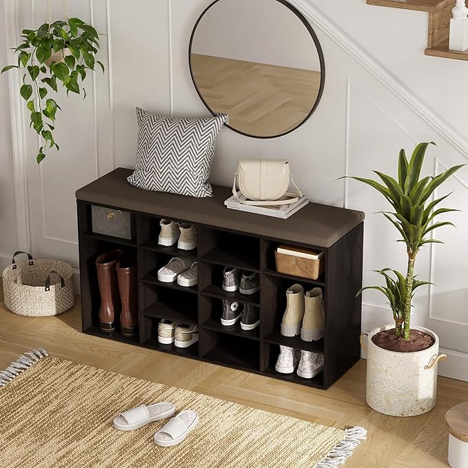 DINZI LVJ Shoe Storage Bench with Cushion, 14-Cubby Shoe Rack, Adjustable Shelves, Multifunctional Shoe Organizer Bench for Entryway, Mudroom, Hallway, Living Room, Bedroom and Garage, Espresso