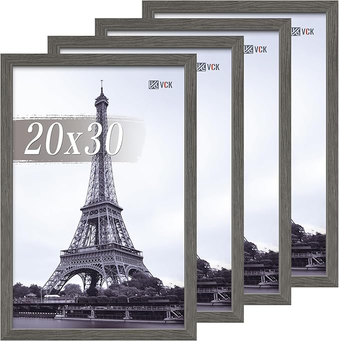 VCK 20x30 Poster Frame Set of 4 - Grey, Gallery-Quality Wood Picture Frames, 1.1-Inch Wide Border, Polished Plexiglass, Vertical or Horizontal Wall Display for Photo/Art/Prints, Grey