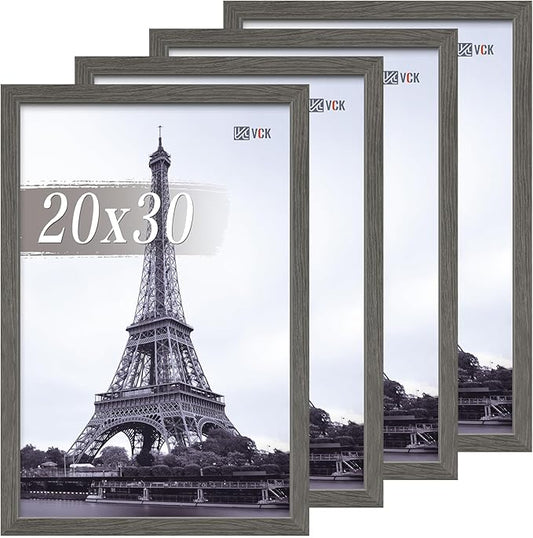VCK 20x30 Poster Frame Set of 4 - Grey, Gallery-Quality Wood Picture Frames, 1.1-Inch Wide Border, Polished Plexiglass, Vertical or Horizontal Wall Display for Photo/Art/Prints, Grey