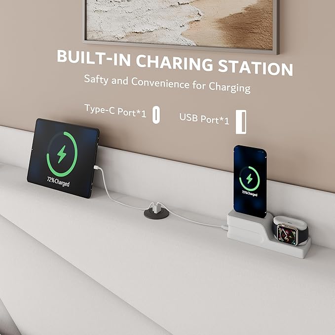 iPormis Queen Size Bed Frame with Charging Station, Velvet Platform Bed Frame with Wingback Upholstered Headboard, Solid Wood Slats Support, No Box Spring Needed, Easy Assembly, White