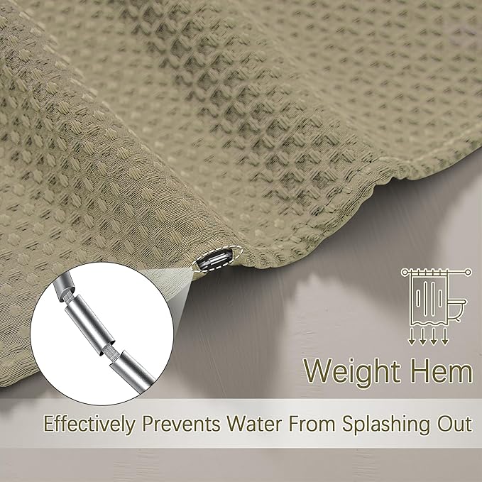 Taupe Fabric Shower Curtain for Bathroom Stall, 60 inche Waffle Weave Machine Washable Waterproof 256GSM Heavy Duty Weighted Bath Curtain Set with 10 Metal Hooks, 60Wx72H