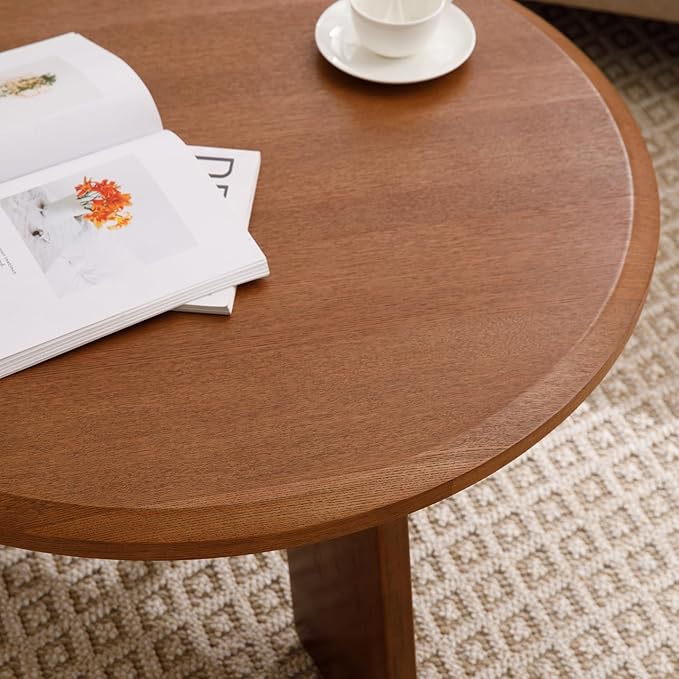 Modern Wood Coffee Table Small Desk Farmhouse Round Coffee Table Floor Table Couch Table Easy Assembly for Living Room/Office/Reception/Sofa Couch End, Walnut