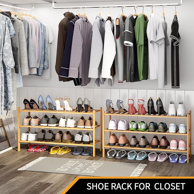 Long Shoe Rack, 3-Tier Bamboo Stackable Shoe Shelf Storage Organizer, Shoe Stand for Closet, Entryway and Hallway