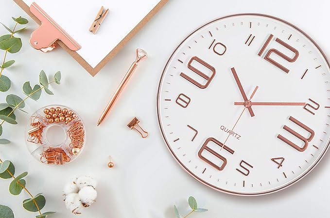 Bernhard Products Rose Gold Wall Clock 12 Inch Silent Non-Ticking Quality Quartz Battery Operated Easy to Read Decorative Modern Design for Home/Office/Kitchen/Bedroom/Living Room (Rose Gold & White)