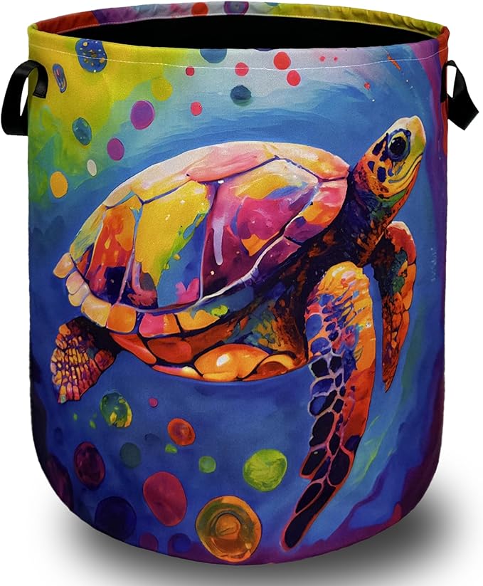 Colorful Sea Turtle Laundry Basket Foldable With Handles Tote Bag Oxford Cloth Cute Turtles Laundry Hamper 18.9" x 16.5" Clothes Storage Bucket Toy Organizer For Bathroom/Laundry/Bedroom