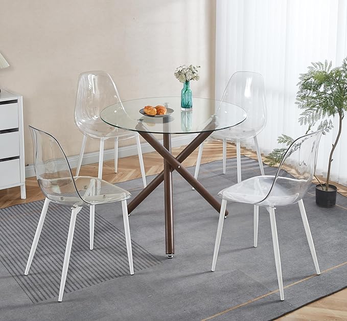 Round Glass Dining Table,Glass Dining Room Table with Tempered Glass Tabletop and Metal Legs, Modern Style Glass Kitchen Table for Home, Kitchen, Dining Room