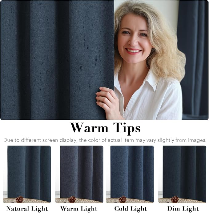 H.VERSAILTEX Linen Blackout Curtains 84 Inches Long 100% Absolutely Blackout Thermal Insulated Textured Linen Look Curtain Draperies Anti-Rust Grommet, Energy Saving with White Liner, 2 Panels, Navy