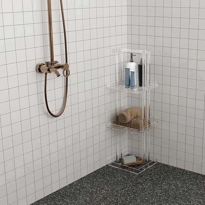 Aquiver Acrylic Standing Shower Caddy - 3 Tier Shower Organizer Stand with Handle - Corner Shower Caddy for Inside Bathroom, Bathtub, 11'' L x 10'' W x 34.6'' H, Clear