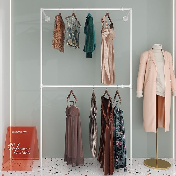 Industrial Pipe White Clothing Racks Wall Mounted, Industrial Clothes Racks for Hanging Clothes, Vintage Retail Garment Rack Display Rack