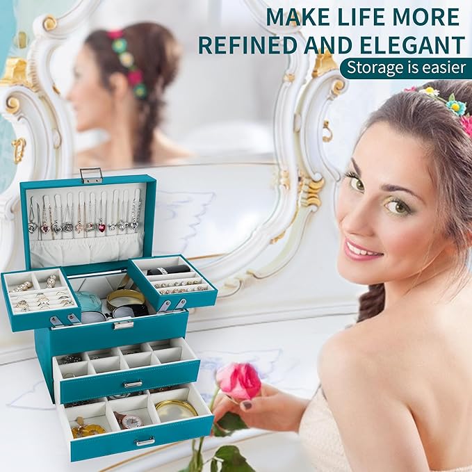 Dajasan Jewelry Box Organizer, Jewelry Holder Organizer Box, 4 Layers Leather Jewelry Storage Box, Gift Idea for Women, Girlfriends, Wife or Mother (Blue)