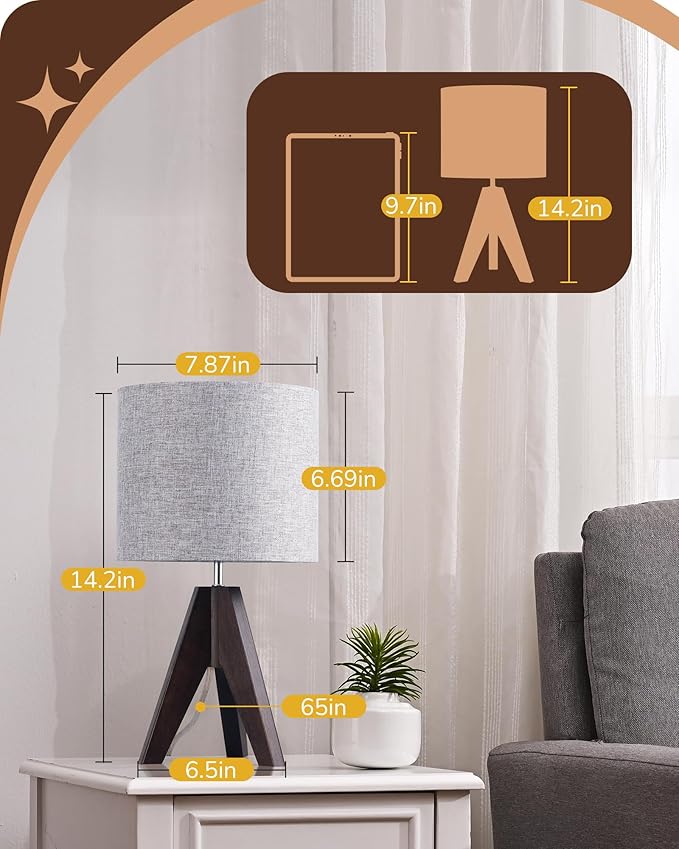 EDISHINE Boho Small Table Lamp, Walnut Color Wooden Tripod Bedside Lamp, Farmhouse Nightstand Lamp for Nursery, Bedroom, Office, Kid Room, Living Room, Grey Linen Lampshade, E26 Socket, 14.2 Inch