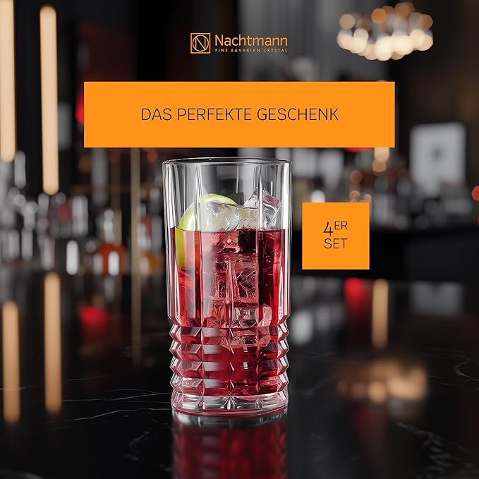 Nachtmann Highland Collection Crystal 6” Long Drink Glasses, Set of 4, With Different Glass Patterns, For Cocktails or Non- Alcoholic Beverages,445 ml, Dishwasher Safe