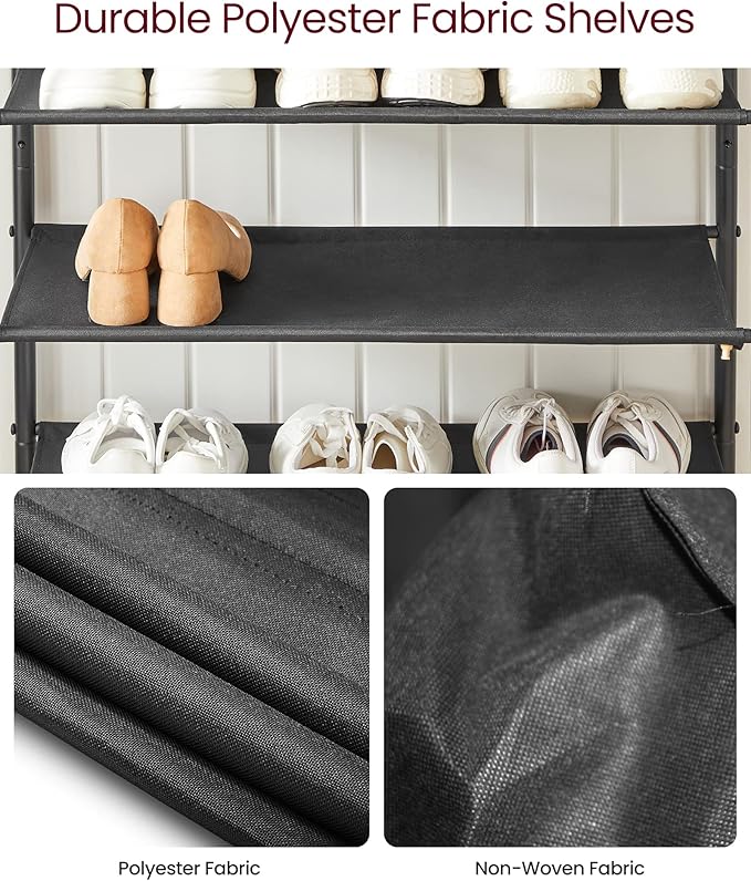 VASAGLE Shoe Rack, 5-Tier Shoe Storage Organizer for Entryway and Closet, Holds 12-16 Pairs of Shoes, 4 Fabric Shelves, Steel Frame, Industrial, Rustic Brown and Black ULBS036B01