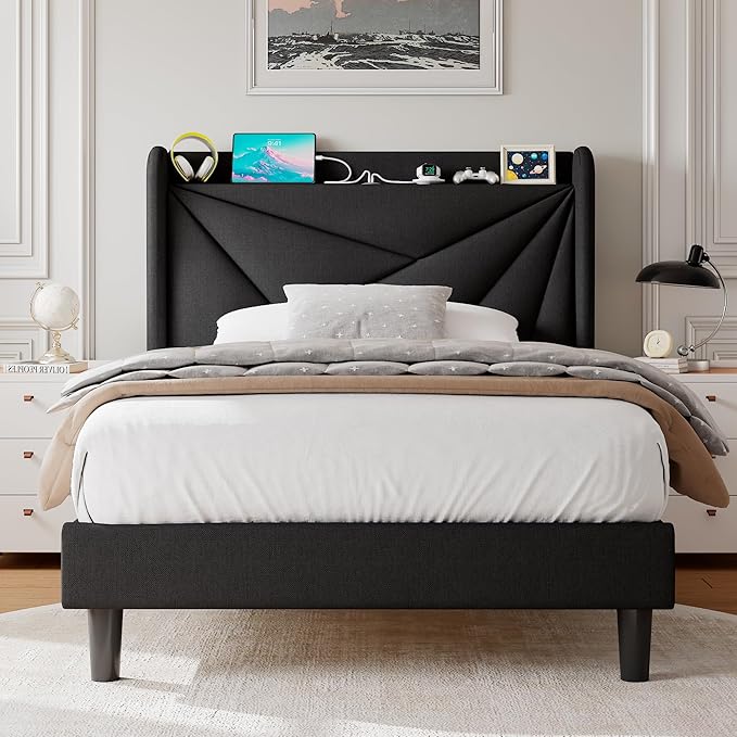 Twin Size Upholstered Bed Frame with Charging Station, Platform Bed Frame with Storage Headboard, Solid Wood Slats Support, No Box Spring Needed, Black