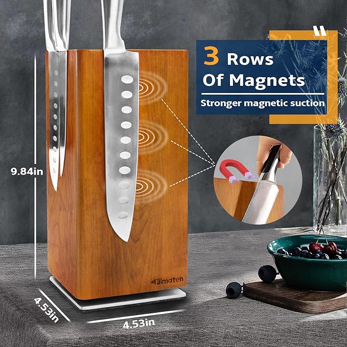 universal magnetic knife block without knives-360° rotatable magnetic knife holder made of fine acacia wood, Extra large magnet knife storage for knives and utensils for a quality kitchen life