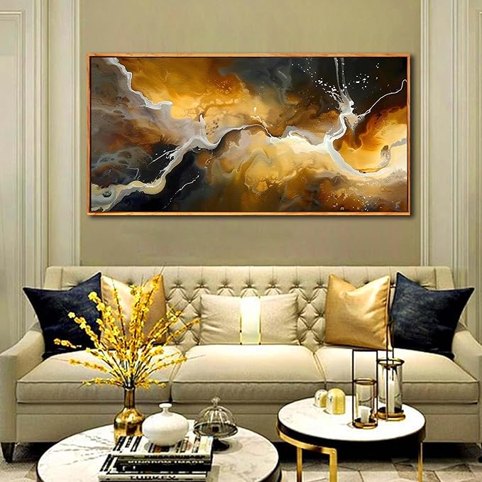 Abstract Wall Art for Living Room, Marble Canvas Wall Decor for Bedroom, Black and Gold Picture Print Artwork for Office, Large Size 59 x 29 Inches Framed