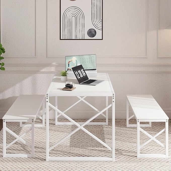 VECELO Kitchen Dining Table Set for 4 to 6, 55" Wood Dinette 2 Benches with Metal Frame for Dinner Breakfast Nook and Small Space, White