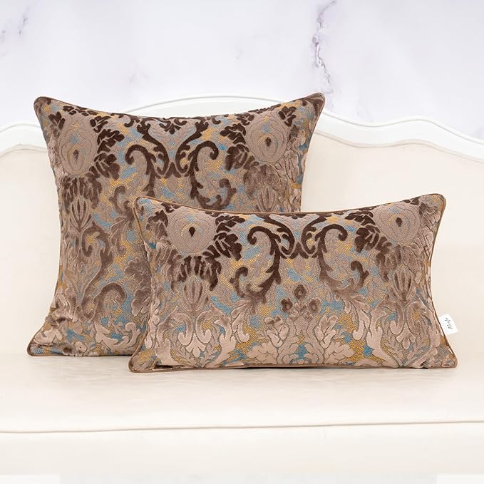 Alerfa Boho Brown Floral Throw Pillow Cover 18x18 Inch Cut Velvet Sqaure Luxury Embroidered Decorative Pillow Cover for Couch Living Room Bedroom