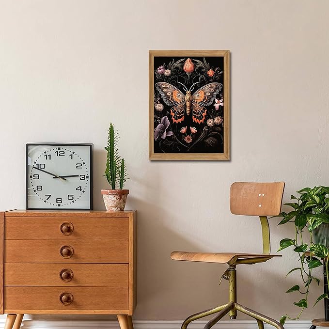 Framed Vintage 3D Textured Wall Art - Gothic Butterfly Wall Decor - Hand Drawn Sandstone Nature Botanical Pictures for Living Room Bedroom Home Decor 12x16in