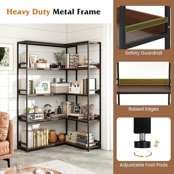 Tangkula Large Corner Bookshelf, 90 Degrees 5-Tier Industrial Wood Open Corner Bookcase for Small Spaces, Heavy-Duty Metal Frame, 71”H L-Shaped Storage Display Rack for Living Room (Walnut)