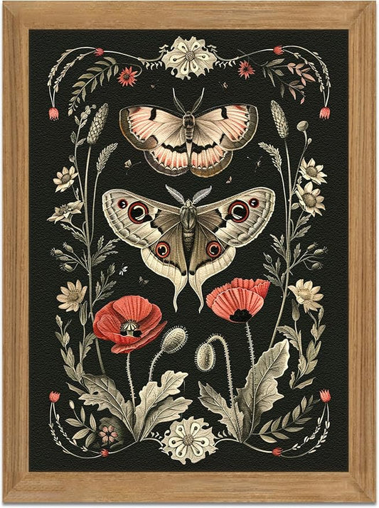 AKWISH Vintage Framed Wall Art - 3D Textured Classical Style Moth Pictures Wall Decor - Hand Drawn Flowers Nature Art Painting for Living Room Bedroom Home Decor 16x24in