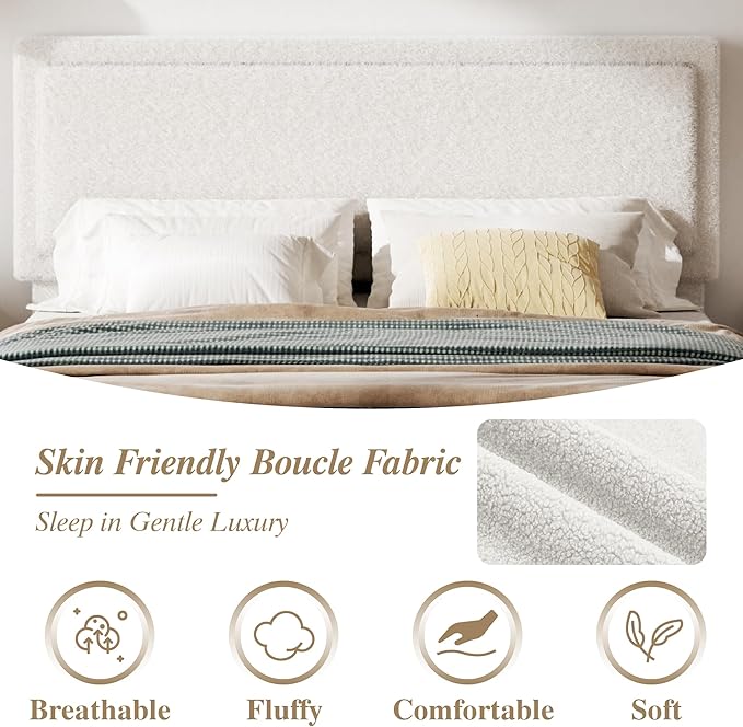 Full Bed Frame, Boucle Platform Bed with Adjustable Upholstered Headboard, No Box Spring Needed, Easy Assembly, White