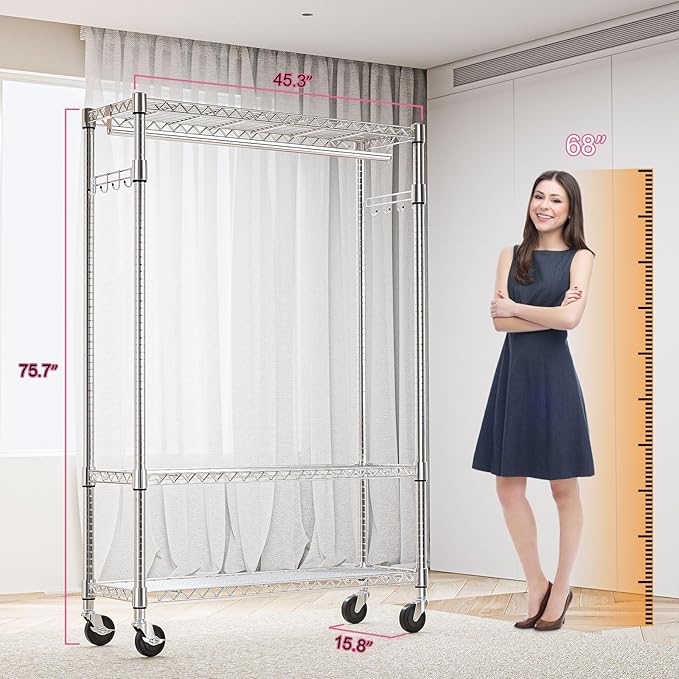 Heavy Duty Rolling Garment Rack 3 Tiers Adjustable Wire Shelving Clothes Rack with 1 Rods and Side Hooks,Storage Closet Clothing Rack with Wheels Chrome 15.7" D x 45.3" W x 75.6" H