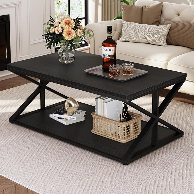 Launica Modern Coffee Table with Storage, Farmhouse Living Room Table, Minimalist Rectangle Center Table, Industrial Vintage Wood Tea Table, 39 Inch, Black Oak