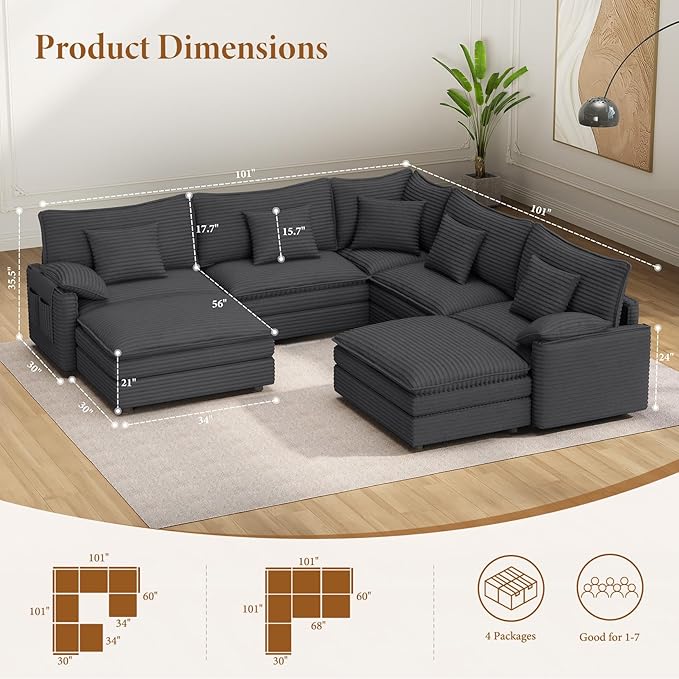 Vesgantti 101" V-Shaped Corner Couch Sectional, 7 Seat Customizable Modular Cloud Couches with Movable Ottoman, Corduroy Deep Seat Sofa Set with Chaise for Living Room, Bedroom and Apartment, Gray