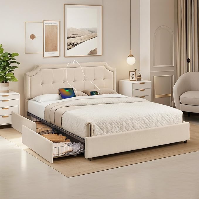 VECELO Full Size Platform Bed Frame with 4 Storage Drawers,Fabric Upholstered Headboard and Wooden Slats Support,Built-in USB and Type C Ports, No Box Spring Needed,Easy Assembly
