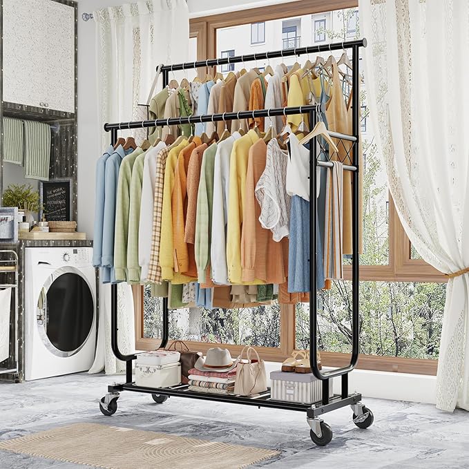 Clothes Rack Heavy Duty Load 450 LBS, 44 Inch Double Rod Rolling Clothing Rack for Hanging Clothes, Metal Garment Rack with Shelves, Wardrobe Rack Portable Closet, Black